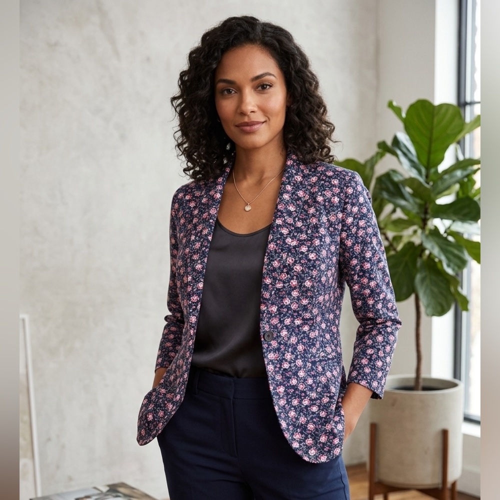 LC Lauren Conrad Navy Blazer with Pink Floral Patterning